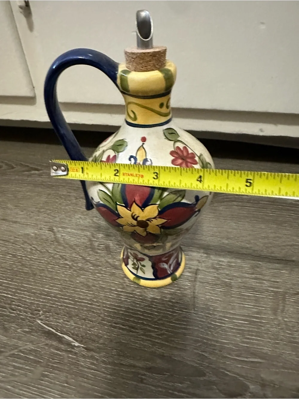 Pier 1 Multicolor Floral Ceramic Oil Cruet with Blue Handle